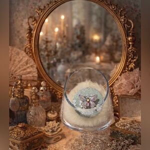 Butterfly Soft Powder PuffSage Green MCM Glass Dish Boudoir Vanity Gift Coquette